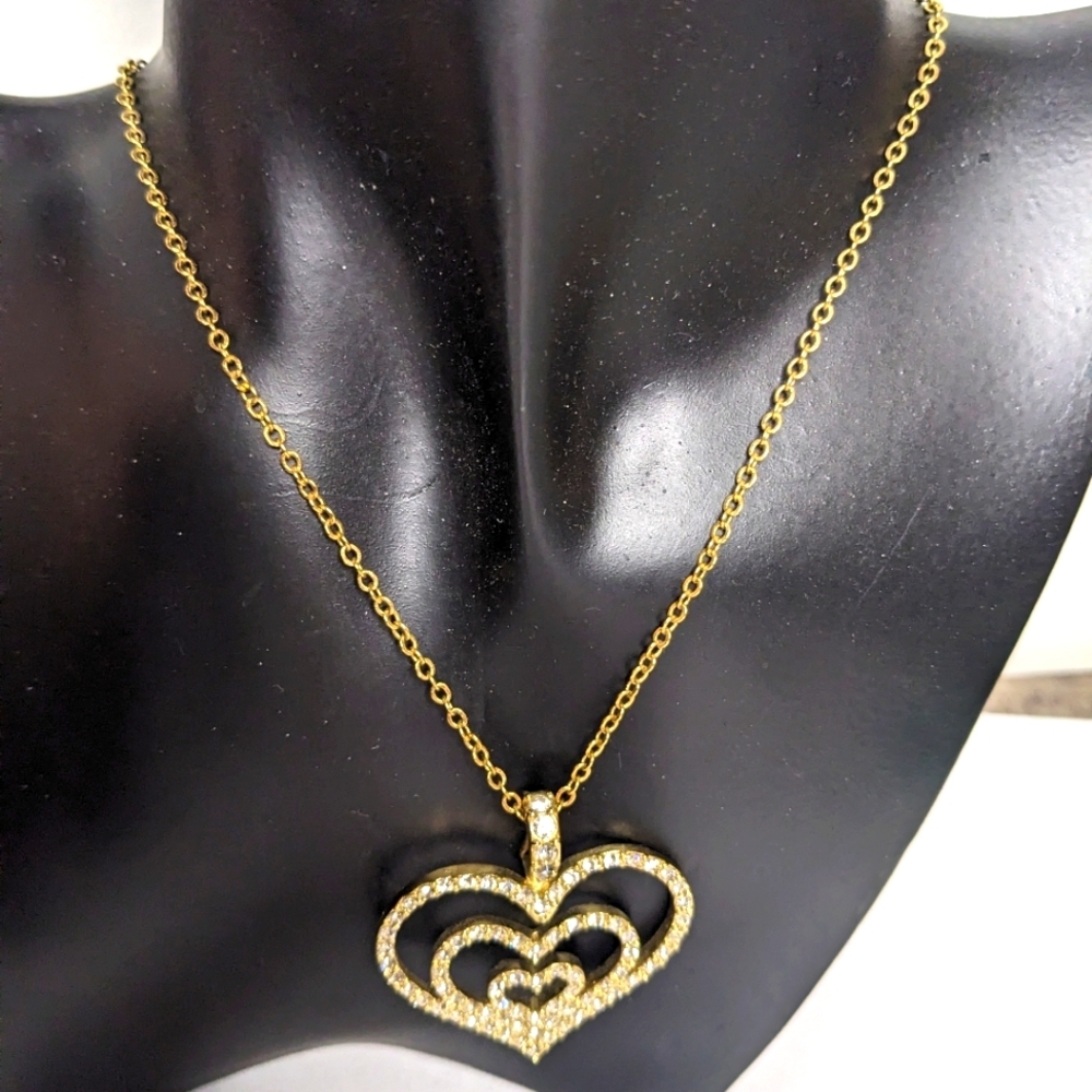 Vintage  Nolan Miller Gold Toned Pavé Crystal Triple Heart Pendant Necklace